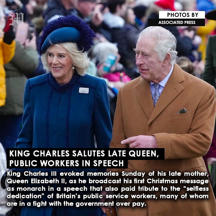 King Charles salutes late queen, public workers in speech
