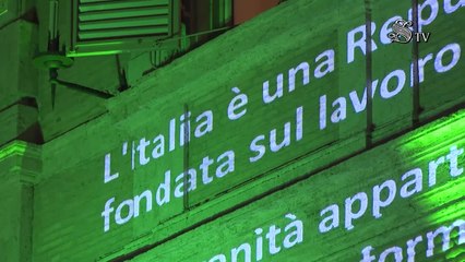 Costituzione, facciata Senato illuminata dal Tricolore