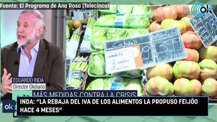 Inda: "La rebaja del IVA de los alimentos la propuso Feijóo hace 4 meses"