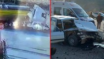 Hafriyat kamyonu otomobili hurdaya çevirdi! 2 kişinin yaralandığı kaza kameraya yansıdı