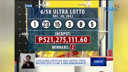 6/58 Ultra Lotto na may jackpot price na P521,275,111.60, 2 ang nakapanalo | Saksi