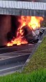 Vídeo: Caminhão pega fogo ao tombar e bater contra viaduto na BR-376
