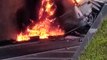 Vídeo: Caminhão pega fogo ao tombar e bater contra viaduto na BR-376
