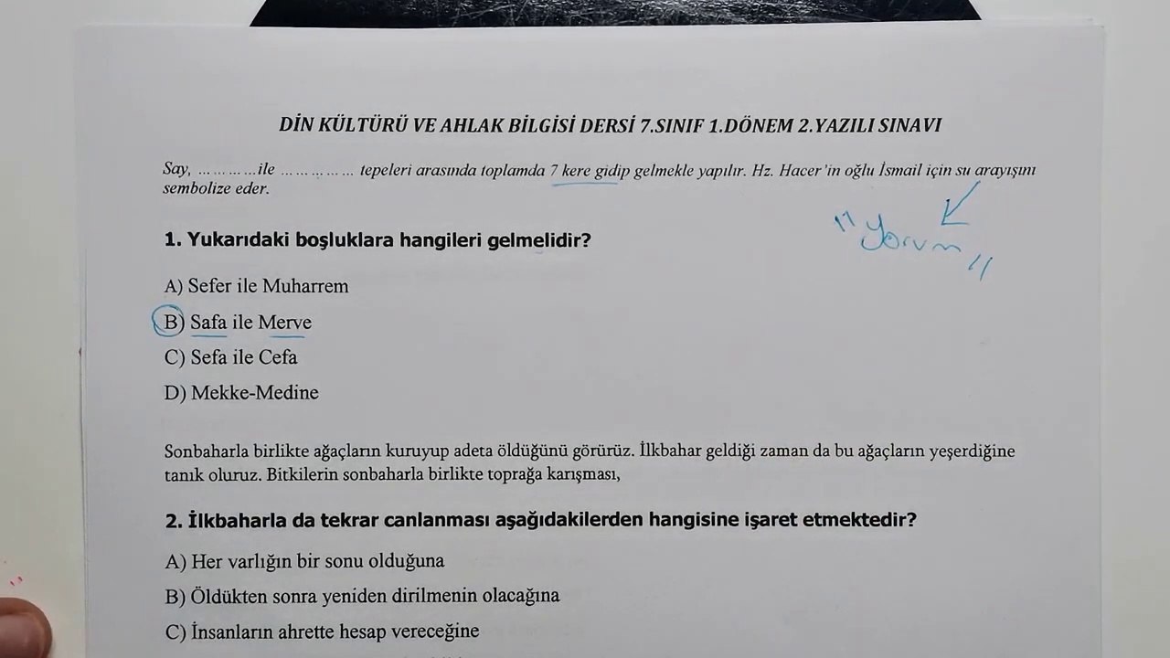 7.Sınıf Din Kültürü 1.Dönem 2.Yazılı Soruları ve Çözümü Yeni