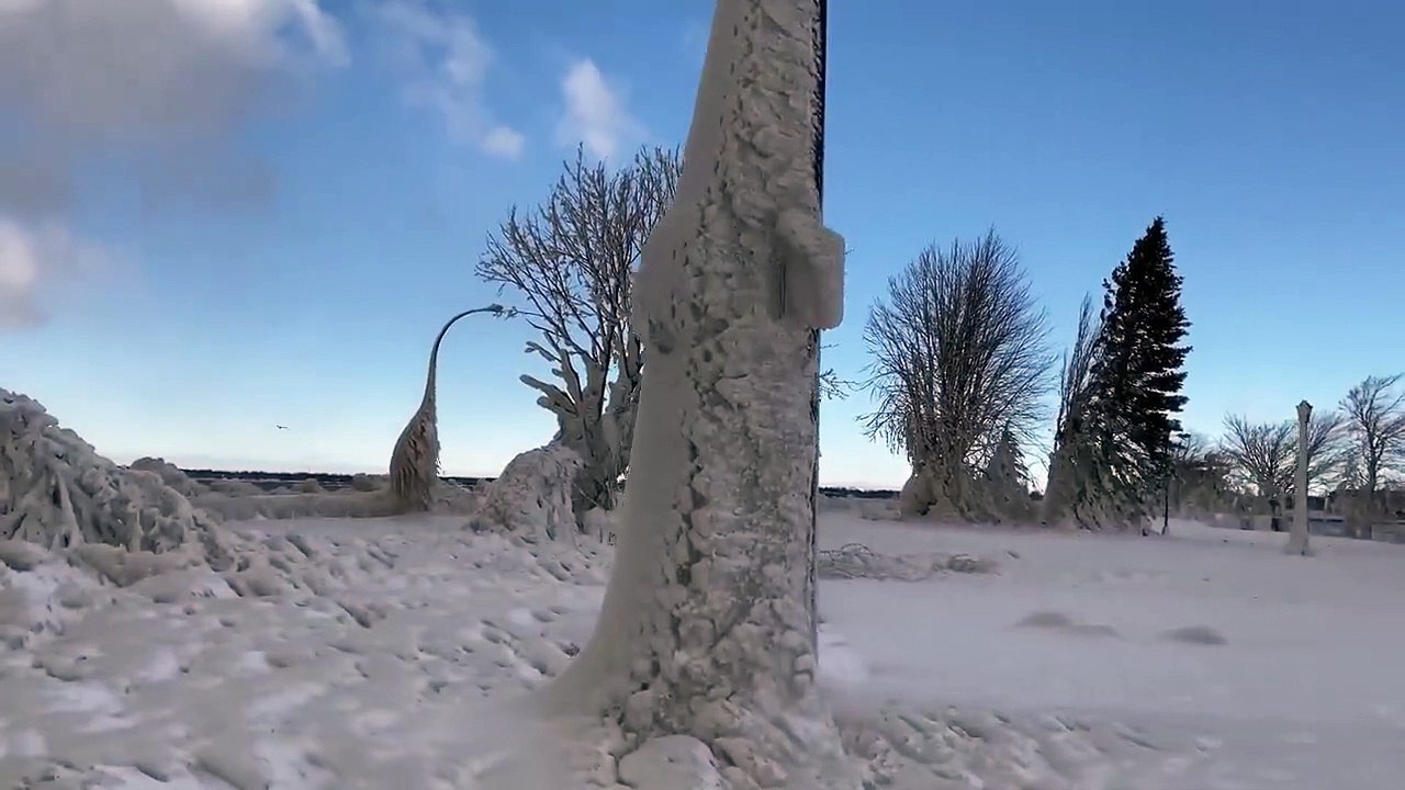 BUFFALO COVERED IN ICE FEET! Buffalo Harbor  Becomes home to  insane ice sculptures.