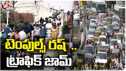 Heavy Rush In Temples , Traffic Jam In Hyderabad _ V6 News