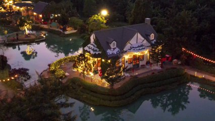 Aerial view Pancheeva Cafe truly English style river side farm in Thailand