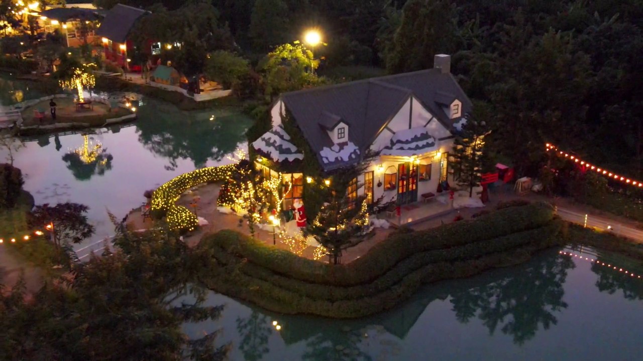 Aerial view Pancheeva Cafe truly English style river side farm in Thailand