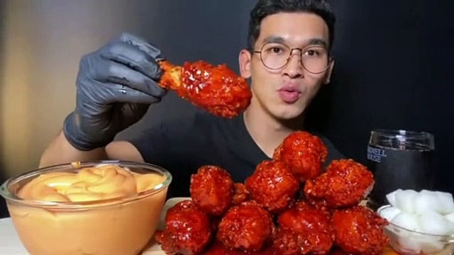 mukbang chicken thigh filled with samyang sauce and cheese sauce