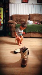 Toddler Tries His Best to Ride Small Horse Toy