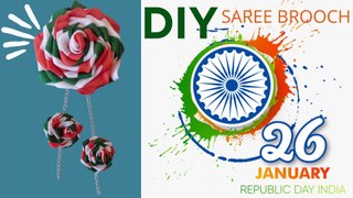 How to make Tiranga Tricolor Independence Republic Day Saree Pin Brooch Badge at Home with Ribbon