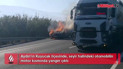 Aydın'da otomobilin alev alev yandığı anlar kamerada