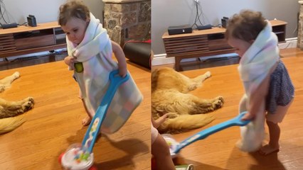 Baby girl unintentionally cosplays as an old lady and starts rage-cleaning her house
