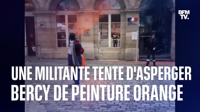 Une militante écologiste de Dernière Rénovation tente d'asperger de peinture orange le ministère de l'Économie