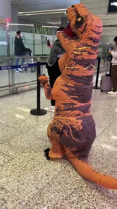 Con gái đi đón bố bằng bộ đồ khủng long, bố vừa gặp cũng mặc đồ y hệt