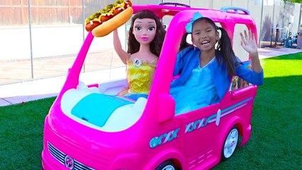 Wendy & Belle Pretend Play w/ Barbie Power Wheels Camper Food Truck Ride-on Toy