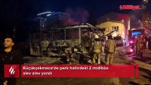Park halindeki 2 midibüs alev alev yandı