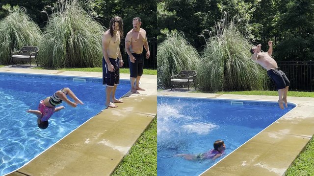 Three generations of a family perform impressive back flips into pool