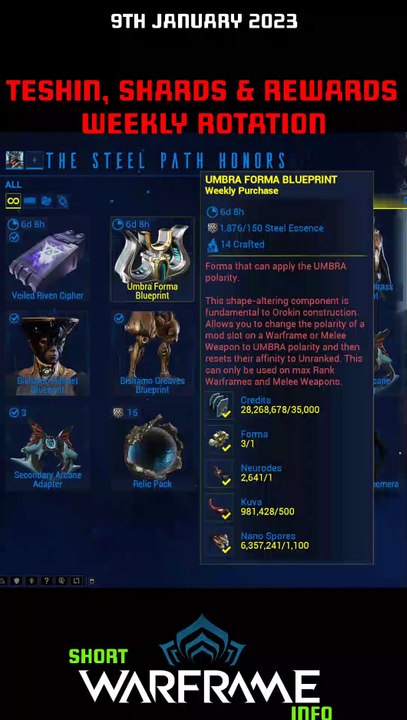 Warframe - Teshin, Shards and New Rewards - Weekly Reset Rotation for 9th January 2023
