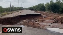 Footage shows destroyed roads and bridges in rural Western Australia community after area was hit by record-breaking flooding
