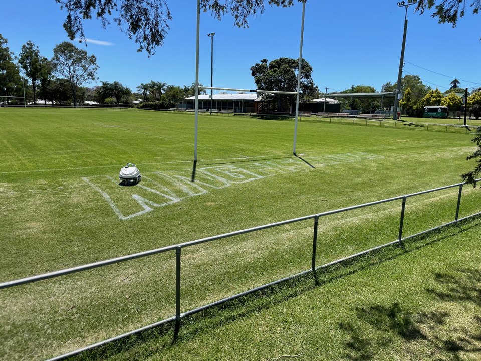 Beaudesert Kingfisher robot linemarker in action, January 13, 2023, Beaudesert Times