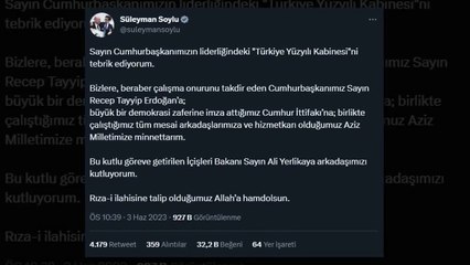 Yeni Kabine'de yer almayan Süleyman Soylu'dan ilk açıklama: Türkiye Yüzyılı Kabinesi'ni tebrik ediyorum
