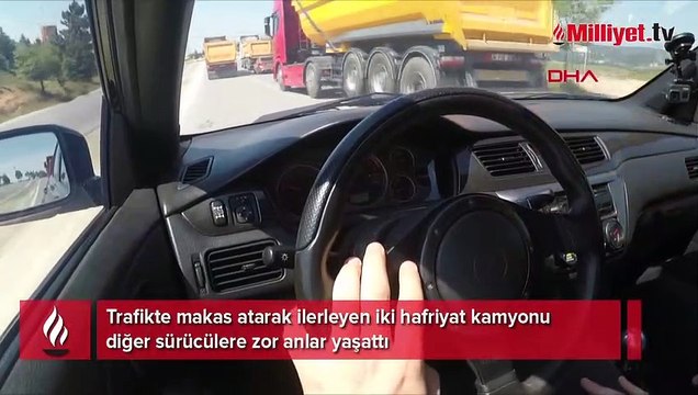 Makas atarak ilerleyen hafriyat kamyonları trafiği tehlikeye attı