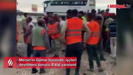 Mersin'de işçileri taşıyan servis midibüsü devrildi