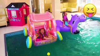 Sasha plays with Water Slides and finds inflatable Toys in Surprise Eggs