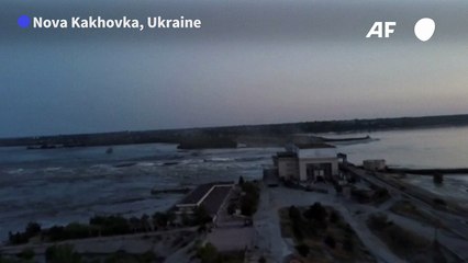 Bird's-eye view over the damaged Kakhovka hydroelectric dam in Ukraine