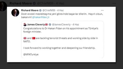 Le chef du MI6 britannique, Richard Moore, a félicité Kalın d'être devenu chef du MIT：Je crois que ce n'est pas un compte Twitter parodique