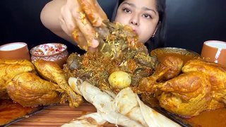 Mukbang Spicy Mutton Kaleji Briyani, Lacha Parathas, Spicy 2 Whole Chicken, sweet lasi, Extra gravy, raita