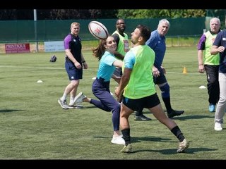 Sporty Princess shows off her rugby skills as she takes a pass from Danny Care on visit Maidenhead