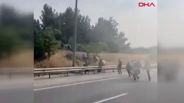 İzmir’de yangın nedeniyle minibüsten inen onlarca göçmen ormana kaçtı