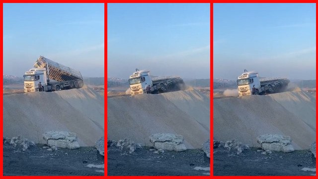 Hafriyat kamyonunun damperi devrildi; Sürücü saniyelerle ölümden kurtuldu
