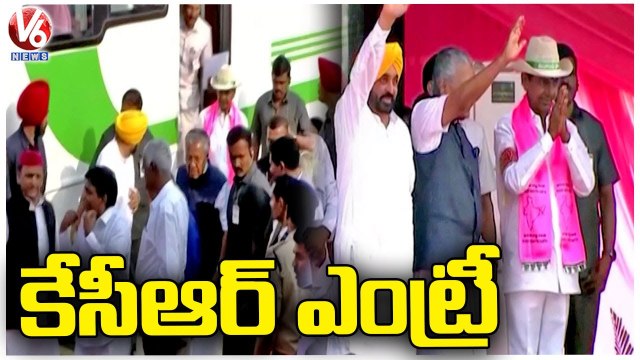 CM KCR Reached Public Meeting Along With 3 States CMs _ BRS Meeting In Khammam | V6 News (7)