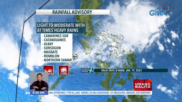 Rainfall advisory, nakataas ngayon sa ilang bahagi ng bansa; Pag-uulan, epekto ng hanging #Amihan at Shear line - Weather update today as of 6:08 a.m. (January 19, 2023) | UB