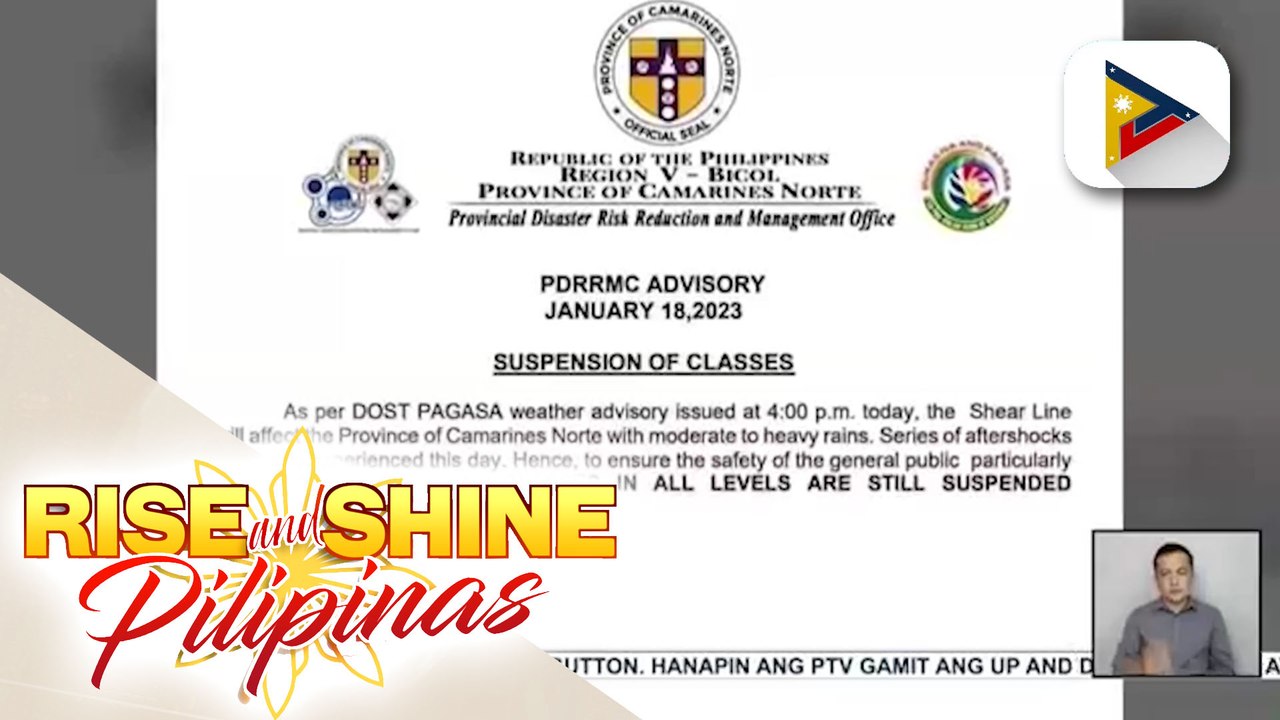 Klase sa Camarines Norte at Camarines Sur, suspendido ngayong araw