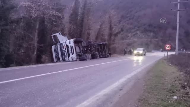 Devrilen talaş yüklü tırın sürücüsü yaralandı