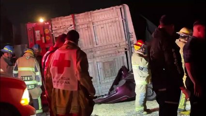 Un Torton que volcó “aplastó” a un vehículo de plataforma sobre carretera a Chapala