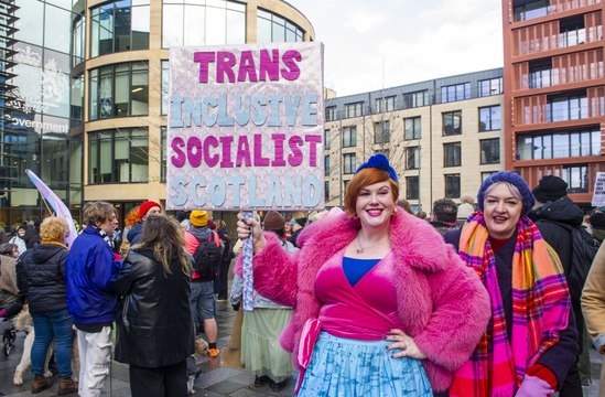 Pro gender recognition bill supporters Scottish Trans hold a Rally for Trans Equality outside the Queen Elizabeth House in Edinburgh.