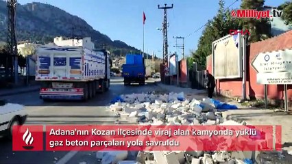 Halat kopunca kamyondaki gaz betonlar yola saçıldı