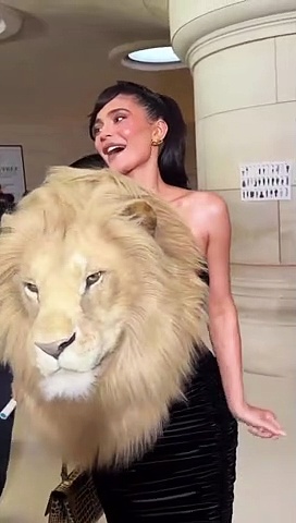 Kylie Jenner Accessorizes With a Giant Faux Lion Head for Paris