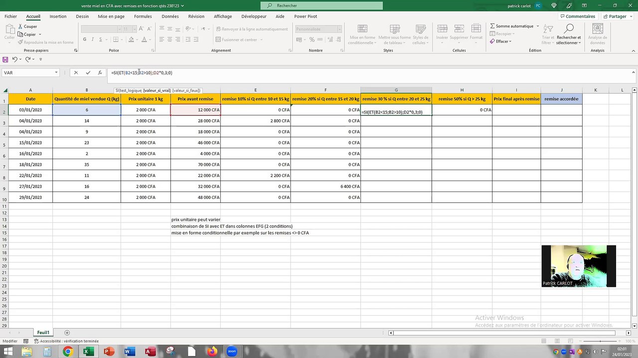 Excel remises calculées sur ventes de miel en devises CFA