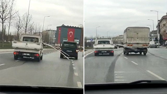 Kamyonetteki borular araçlara çarparak trafikte tehlike saçtı