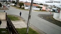 Man Dodges White Van Knocked Off Course by Collision