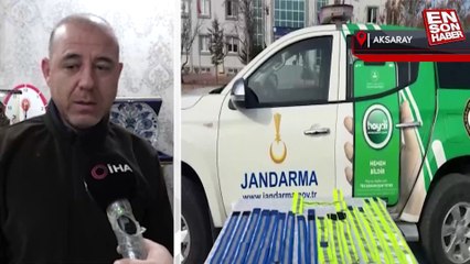 Aksaray'da jandarma sokak köpeklerine gece görünmeleri için elleriyle reflektif şerit dikti