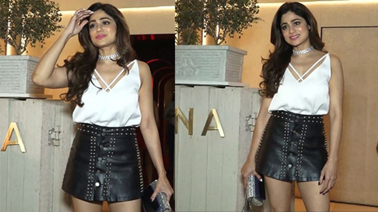 Shamita Shetty White Top Black  Leather Skirt L...