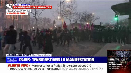 Manifestation à Paris: des tensions éclatent entre certains individus et la police, place Vauban, à l'arrivée du cortège