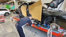 B-pillar replacement - Mercedes-Benz structural repair on Celette bench with side gantry